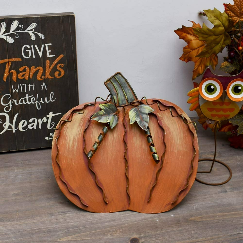 Metal Fall Pumpkin Decor, Indoor Outdoor Standing Flat Pumpkin