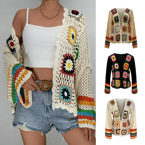 Womens Cardigan Sweaters Bohemian Crochet Hollow Out Breathable Long Sleeve Knit Sweater Outerwear Crew Neck Open Front Women's Sweaters Beige L