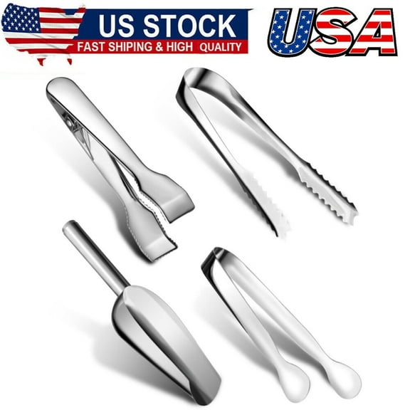 4Pcs Silver Ice Tongs and Scoops Stainless Steel Ice Cube Tong with Teeth Shovel