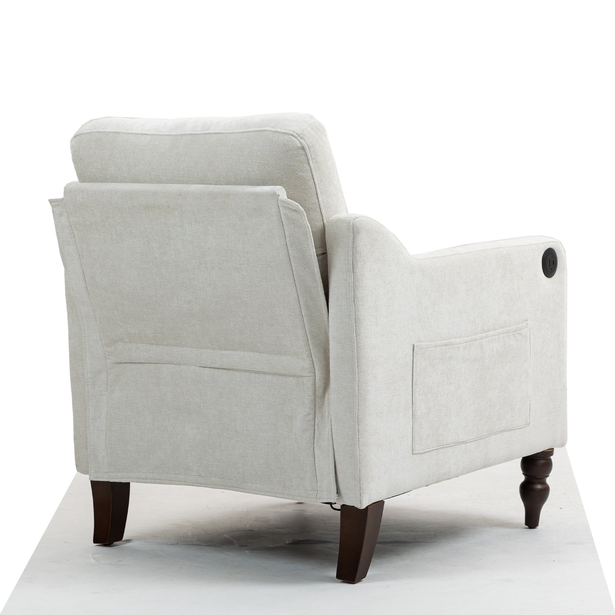 Comfortable armchair with USB charging port, ergonomic wide backrest, vintage wooden legs, comfortable upholstered armchair with side storage for living room bedroom