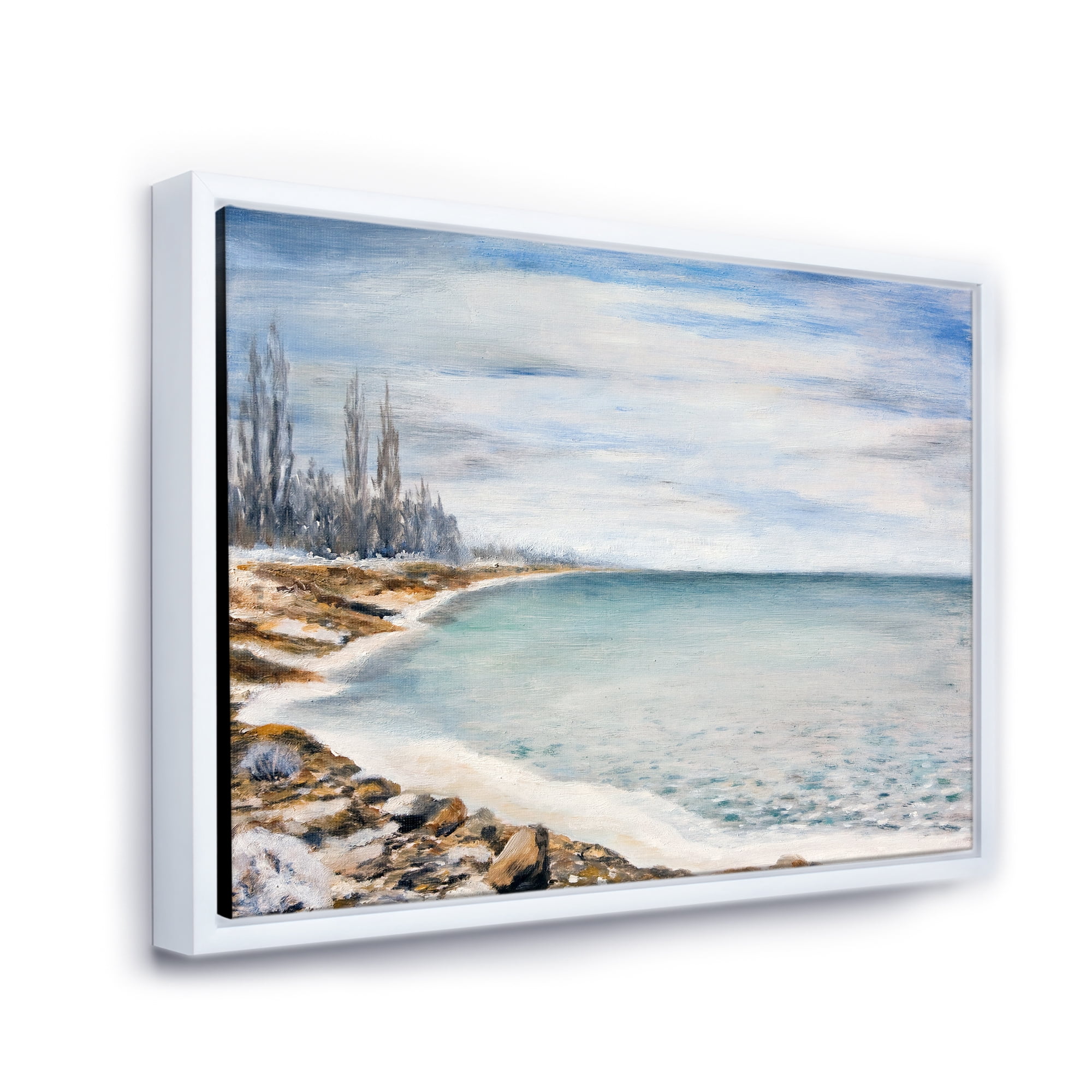 Designart 'Beach Is Covered With Ice' Nautical & Coastal Framed Canvas Wall Art Print
