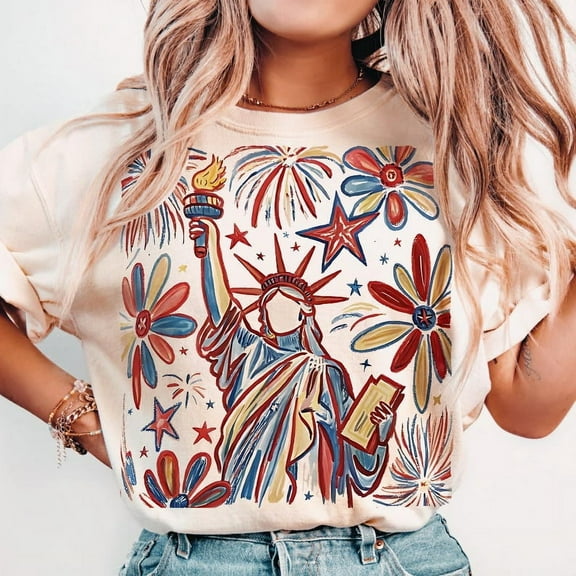 Retro 4th of July T-Shirt, Statue of Liberty USA Tee, American Flag Shirt, Patriotic Independence Day Shirt, Cute American Girl T-Shirt