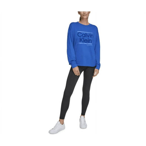 Calvin Klein Performance Women's Metallic Logo Crewneck Long-Sleeve Cotton T-Shirt - MAZARINE BLUE