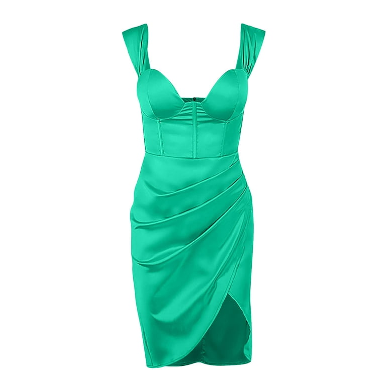 Off The Shoulder Dress for Women Sexy Bodycon Corset Top Mini Dresses Satin  Wrap Party Club Dress with Sleeve (Large, Green) 