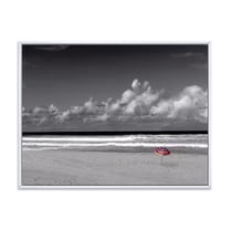Designart 'Black and White Coastline Under Cloudy Sky' Lake House Framed Canvas Wall Art Print