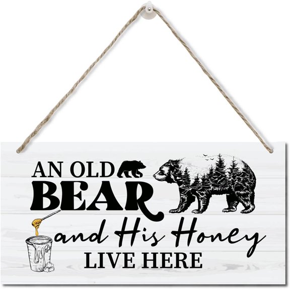 New Wood Sign 10x5 Inch Door Sign Funny Old Bear and His Honey Live Here Sign Hanging Wooden Wall Sign Home Garden Yard Signs Plaque