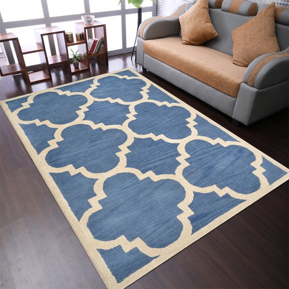 Rugsotic Carpets Hand Tufted Wool Eco-Friendly 4'x6' Area Rugs Rectangle Blue Beige Geometric Modern High Pile Thick Handmade Anti Skid Indoor Rug for Living Room, Bedroom K00231