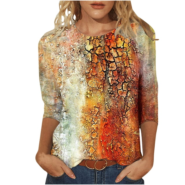 Pompotops T-shirt Ample Imprimé pour Femme Blouse à Manches 3/4 Col Rond Hauts Décontractés Liquidation