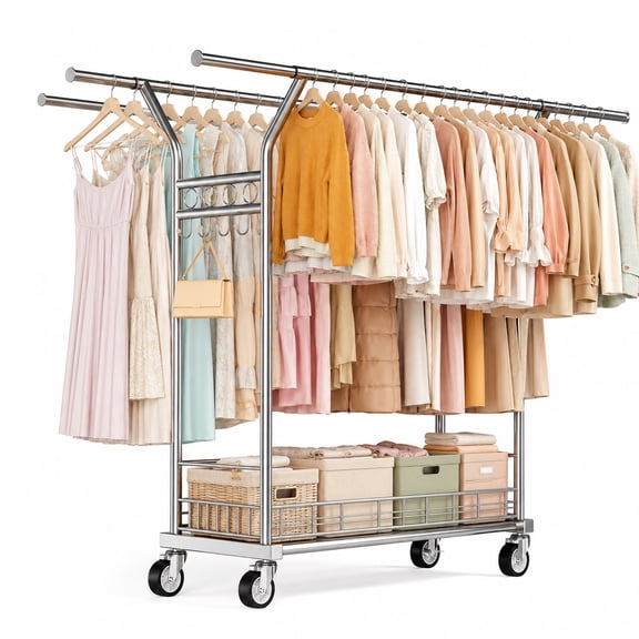 Heavy Duty Double Rod Clothing Rack, Adjustable Rolling Garment Rack with Wheels, 670LBS Load Capacity, Portable Clothes Rack for Bedroom Laundry Closet, Silver