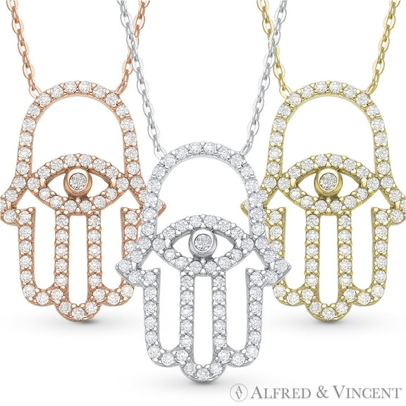Hamsa Hand Evil Eye Charm Pendant w/ CZ Crystal & Chain Necklace in .925 Sterling Silver