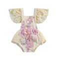 thumbnail image 1 of ITFABS Barboteuse en Dentelle Crochetée pour Fille, Manches Volantes, Col Carré, Combinaison à Nouer, 1 of 9