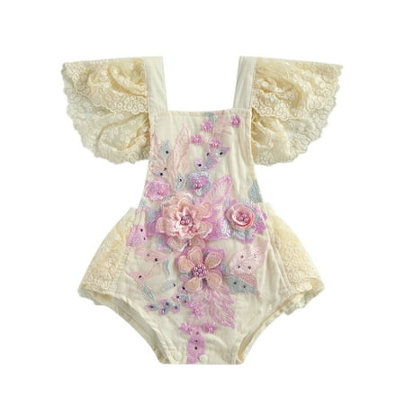 

Carolilly Newborn Crochet Lace Romper Toddler Loose Fly Sleeve Square Collar Tie-up Playsuit