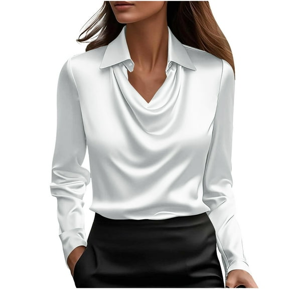 Maplenight Womens Satin Silk Blouse Cowl Neck Dressy Casual Business Elegant Tops Long Sleeve Office Work Shirt Fall Outfits