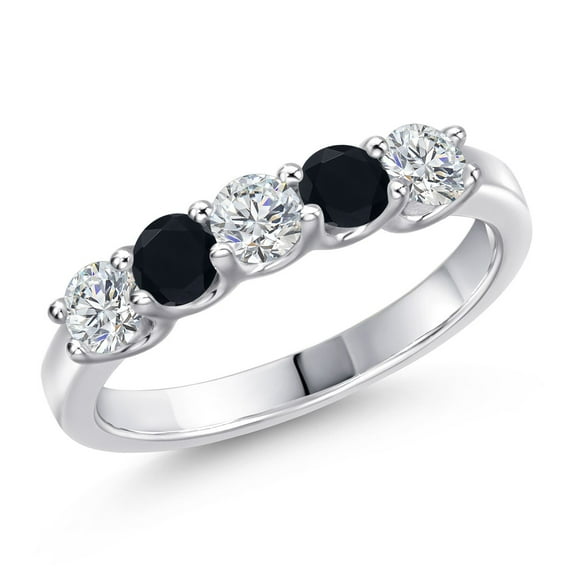 Gem Stone King 925 Sterling Silver Lab Grown Diamond and Black Onyx Wedding-Bands Ring for Women | 0.77 Cttw | Round 3.5MM | Gemstone April Birthstone | Size 8