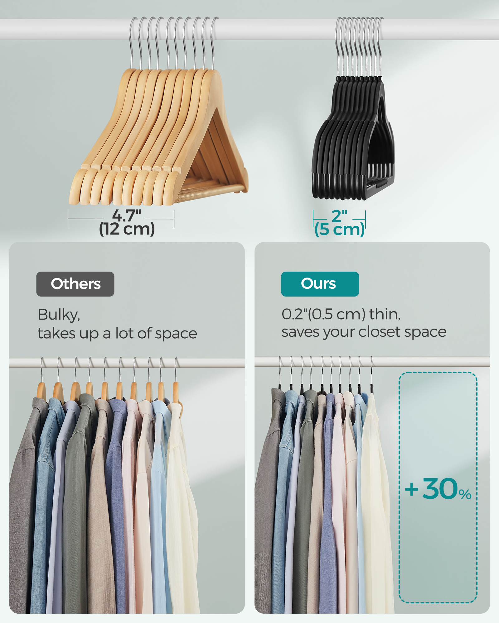 50-Pack Space Saving Plastic Hangers with 360° Swivel Metal Hooks, Heavy Duty Closet Organizers for Coats, Shirts, Dresses and Pants, Ink Black