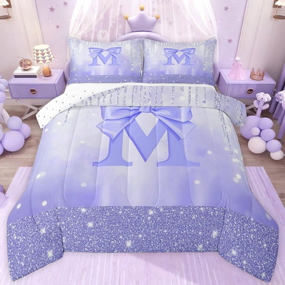 jejeloiu Purple Bows Bowknot Twin Comforter Sets,Letter M Print Bedding Set For Bowtie Girls Reversible 2-Piece