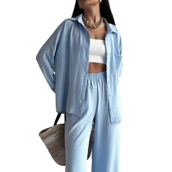 Conjuntos de 2 Piezas para Mujer: Conjuntos Casuales de Salón, Camisas de Larga con Botones y Pantalones de Pierna Azul XL
