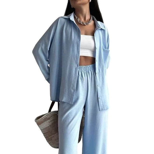 Conjuntos de 2 Piezas para Mujer: Conjuntos Casuales de Salón, Camisas de Larga con Botones y Pantalones de Pierna Azul S