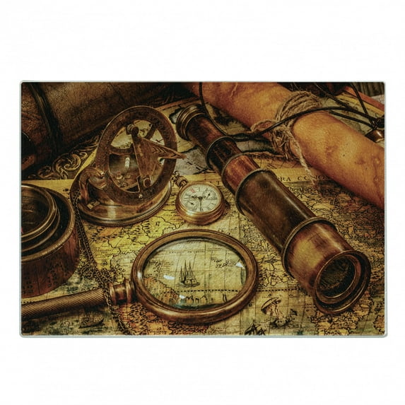 Antique Cutting Board, Magnifying Glass Compass Telescope and Pocket Watch on an Old Map Nautical, Decorative Tempered Glass Cutting and Serving Board, Small Size, Orange Brown Yellow, by Ambesonne