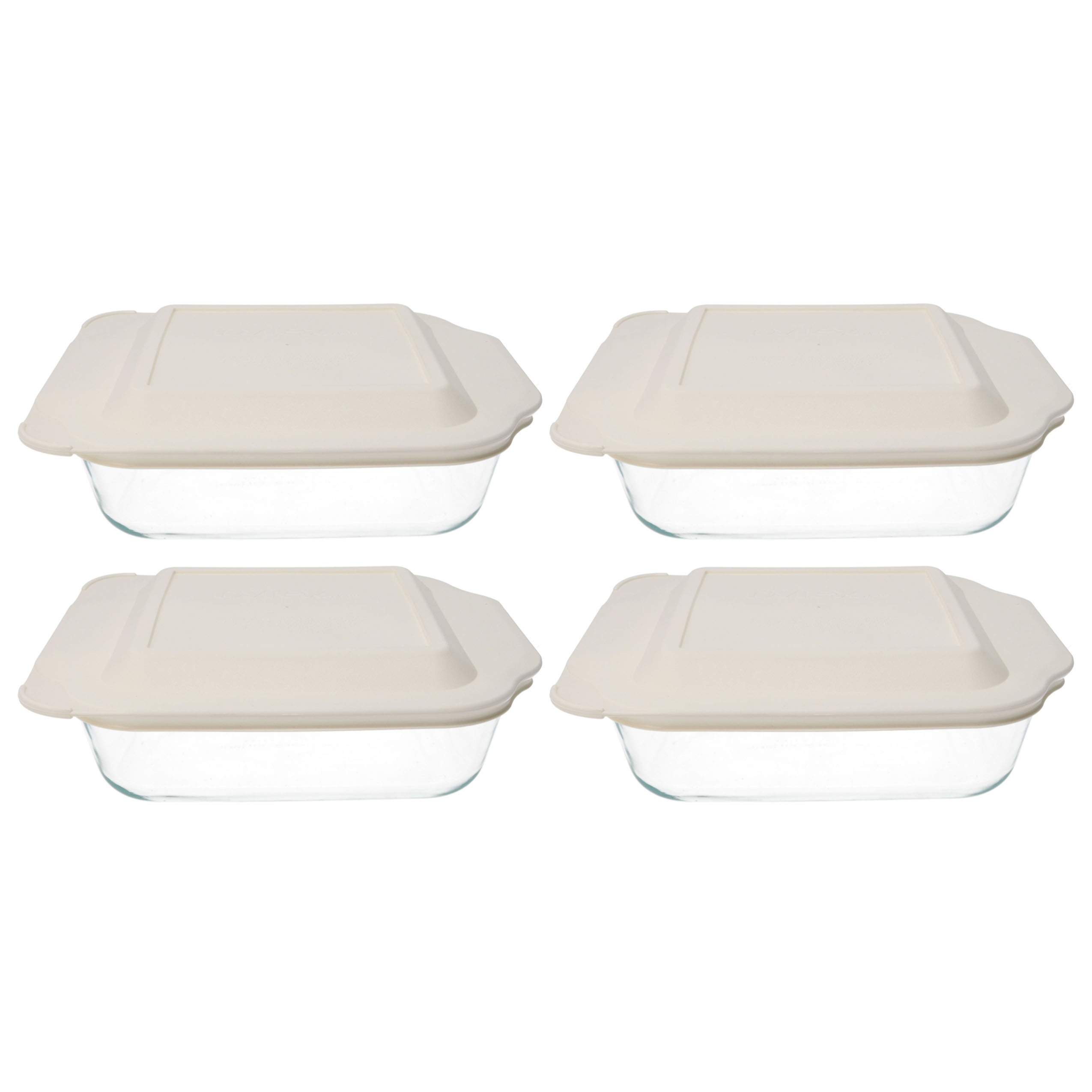 Pyrex 222 Square Glass Baking Dish w/ 222PC Sour Cream Plastic Lid Cover (4Pack)