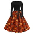 thumbnail image 2 of Women's Halloween Dress Bat Ghost Crew Neck Cocktail 1950s Classic Dresses Long Sleeve Hepburn Retro Vintage Dress with Belt 5XL, 2 of 6