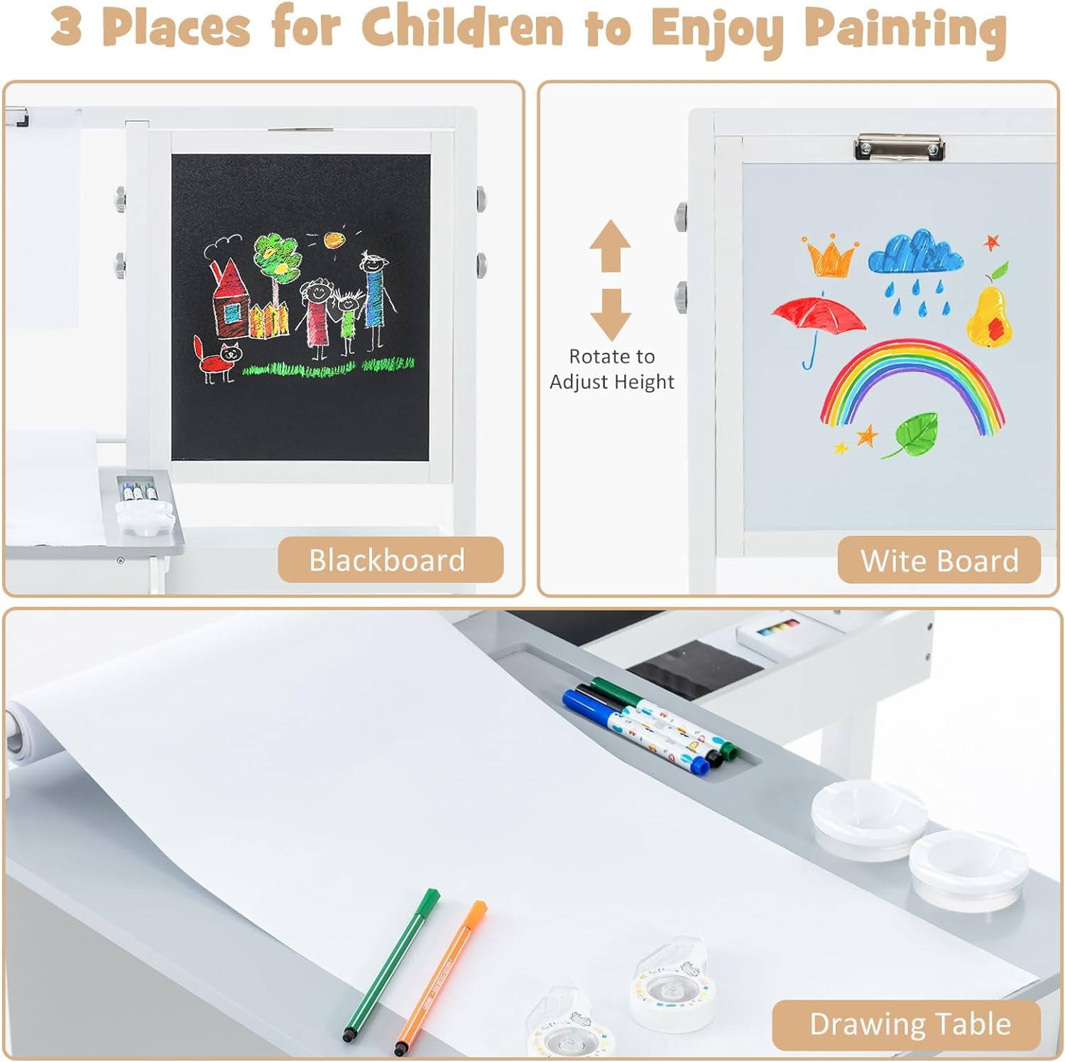 INFANS Kids Art Table and Chair Set, 3 in 1 Toddler Craft and Play Wood Activity Desk with Double-Sided Easel Paper Roll for Drawing Painting Writing, Children Furniture for Daycare Playroom