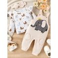 thumbnail image 2 of Gureui Baby Girls Outfit, Long Sleeve Crew Neck Elephant Print T-shirt with Embroidery Overalls and Headband Clothing Set, 2 of 9