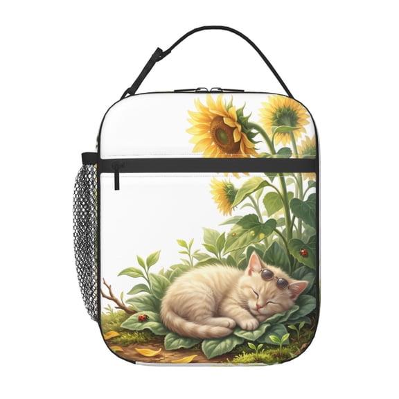 Cat Insulated Lunch Bag Reusable Lunch Box For Women Men Cute Cat Sunflower Leakproof Thermal Meal Prep Tote With Clip-on Buckle Handle Side Pocket