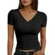 thumbnail image 1 of Camiseta de manga corta y cuello en V lisa para mujer, poliéster y spandex, estilo informal y sexy, tallas S-XL, 1 of 5
