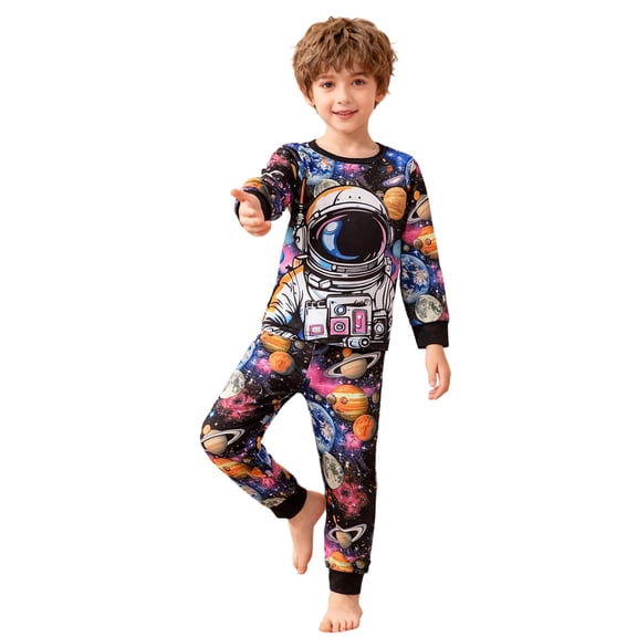 Hifoo Child Boys Outfit Sets Astronaut Themed Long Sleeve T-Shirts O-Neck Tops And Pants With Solar System Print Kids Comfortable Sleep Relaxed Fit Clothes Sets