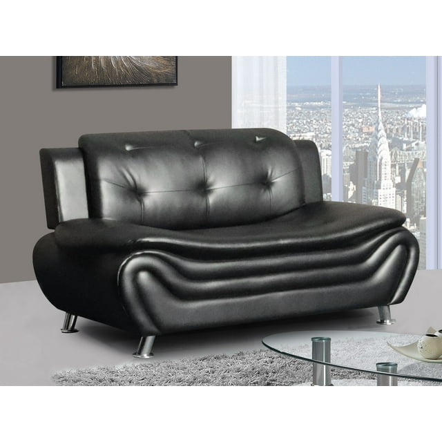 ViscoLogic Grandeur Luxury Pillow Top Tufted Sofa, Loveseat & Armchair, Black, Faux Leather & Sturdy Metal Legs