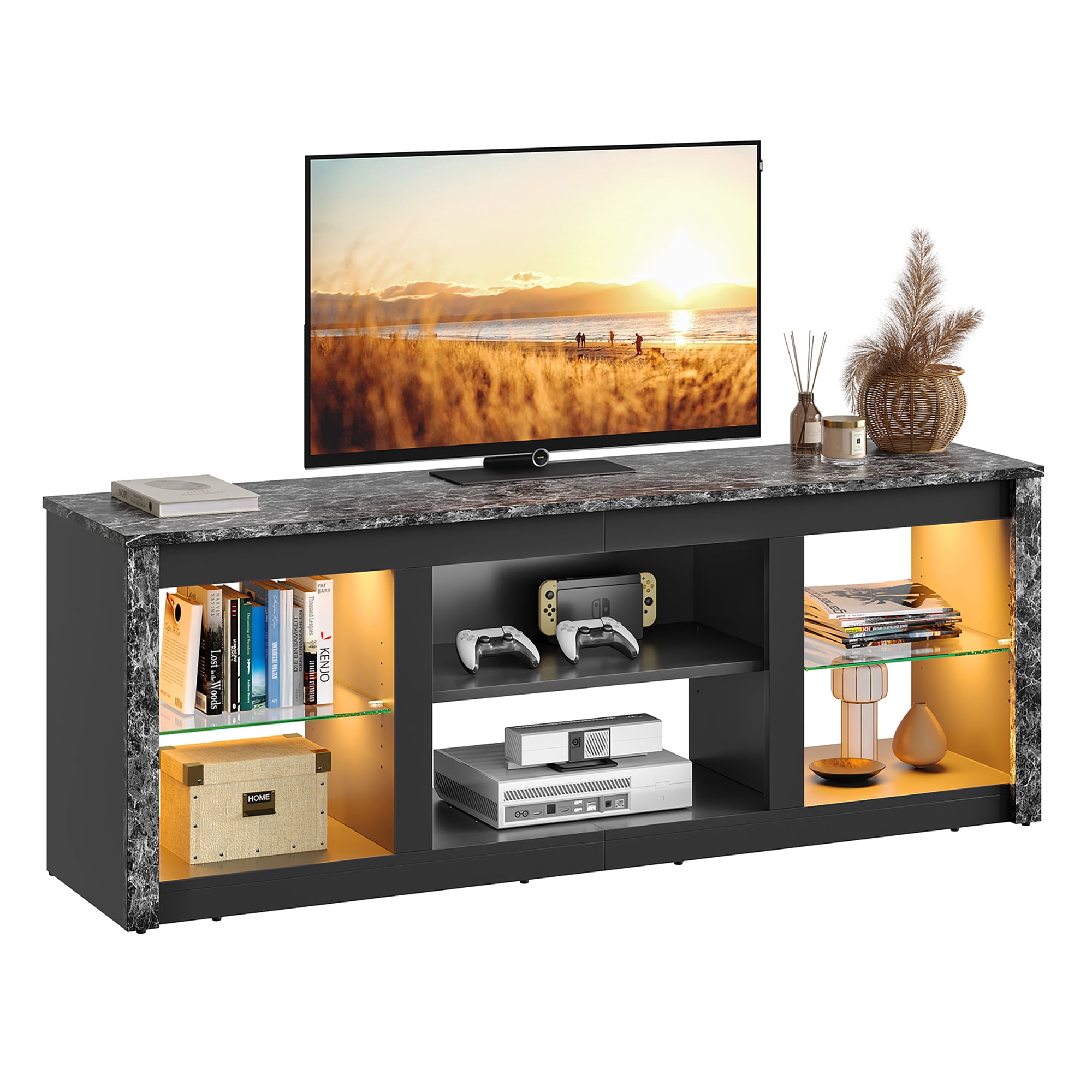 Bestier LED TV Stand for TVs up to 70", Entertainment Center with Storage Shelves, Black Marble