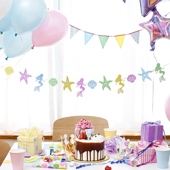OUNONA Multi-Color Mermaid and Sea Star Shell Party Banner Garland for Themed Birthday and Beach Decorations