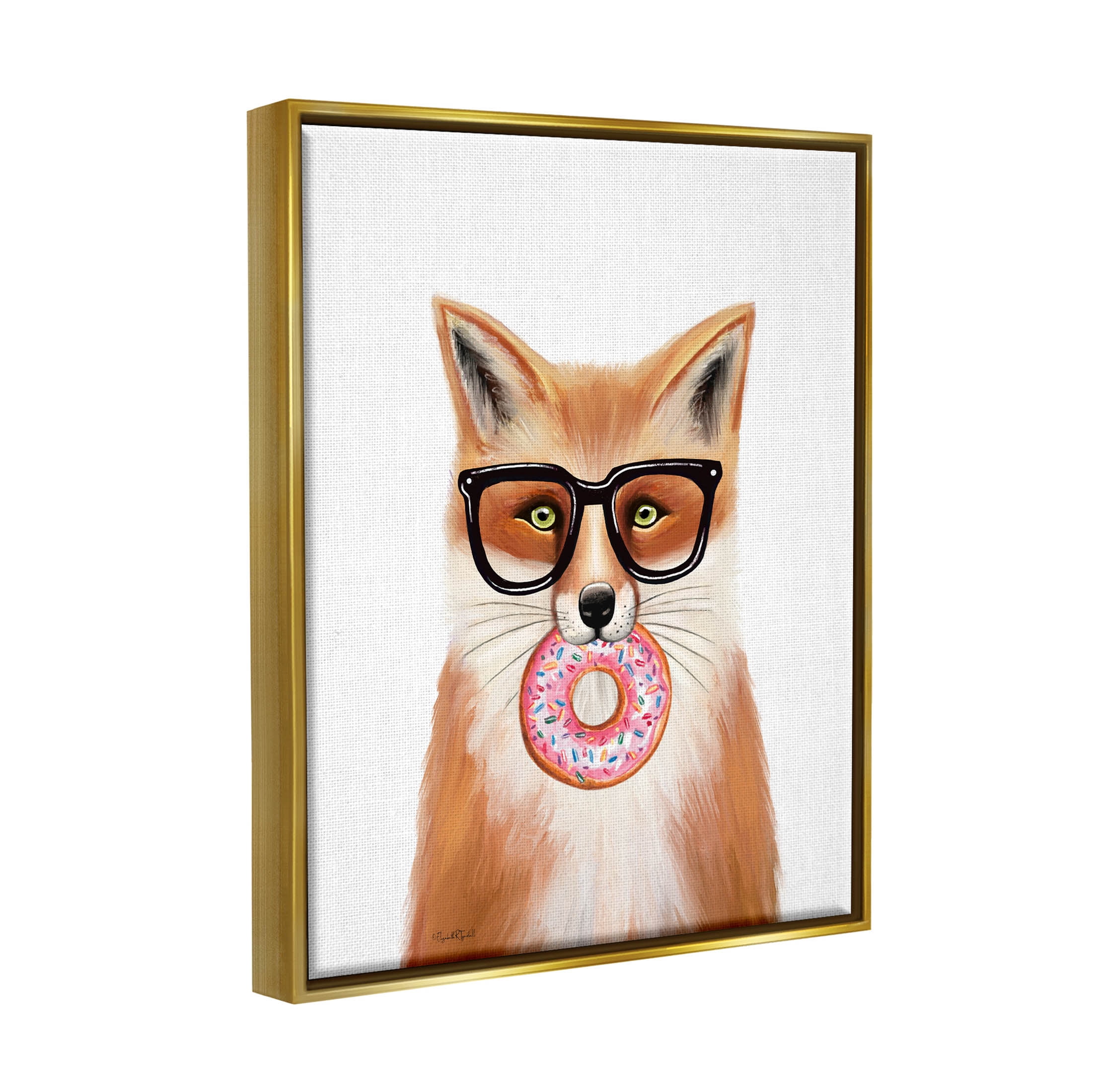 Stupell Industries Fox Holding Donut Wearing Glasses Graphic Art Metallic Gold Floating Framed Canvas Print Wall Art, Design by Elizabeth Tyndall