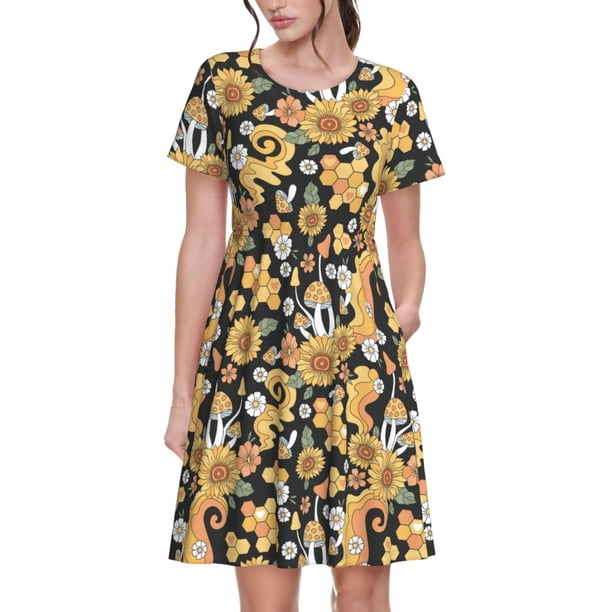 Easygdp Mushrooms Honeycomb para Vestido Transpirable de Mujer, Vestido Suelto de Manga Corta con Pliegues y Bolsillos para el Verano