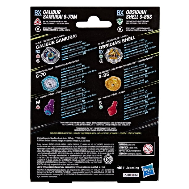 Beyblade X Calibur Samurai 6-70M BX & Obsidian Shell 3-85S BX Duel