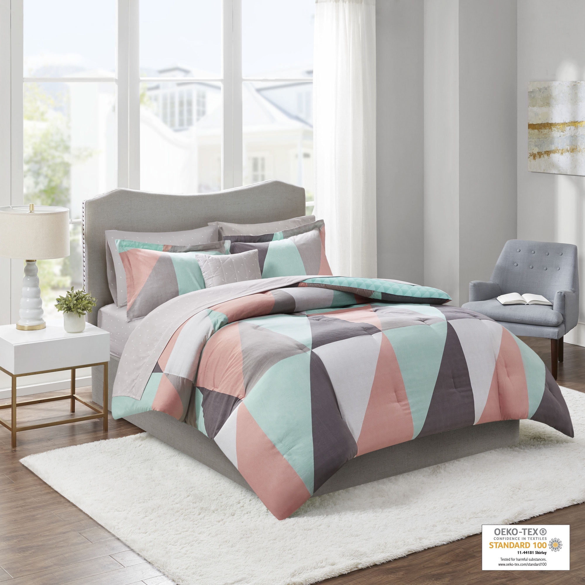 Home Essence Zuri Complete Bed in a Bag Reversible Comforter Set includes Sheets, Queen, Aqua