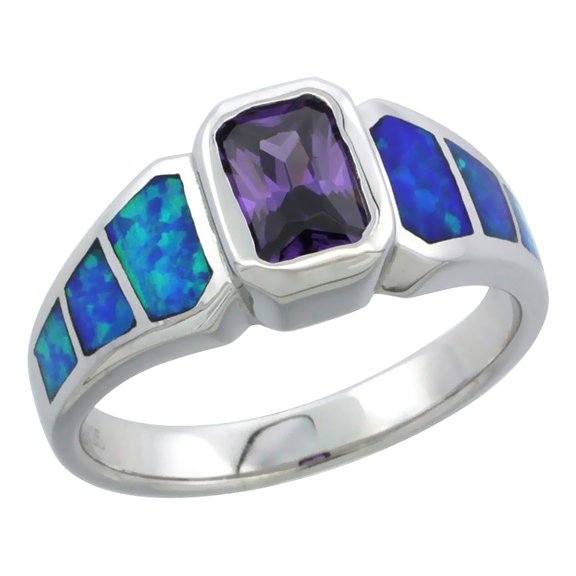 925 Sterling Silver Synthetic Blue Opal Emerald Cut Amethyst Ring 8mm