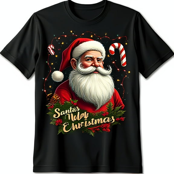 Stylish Black T-Shirt with Santa Claus Graphic & Festive Christmas Design