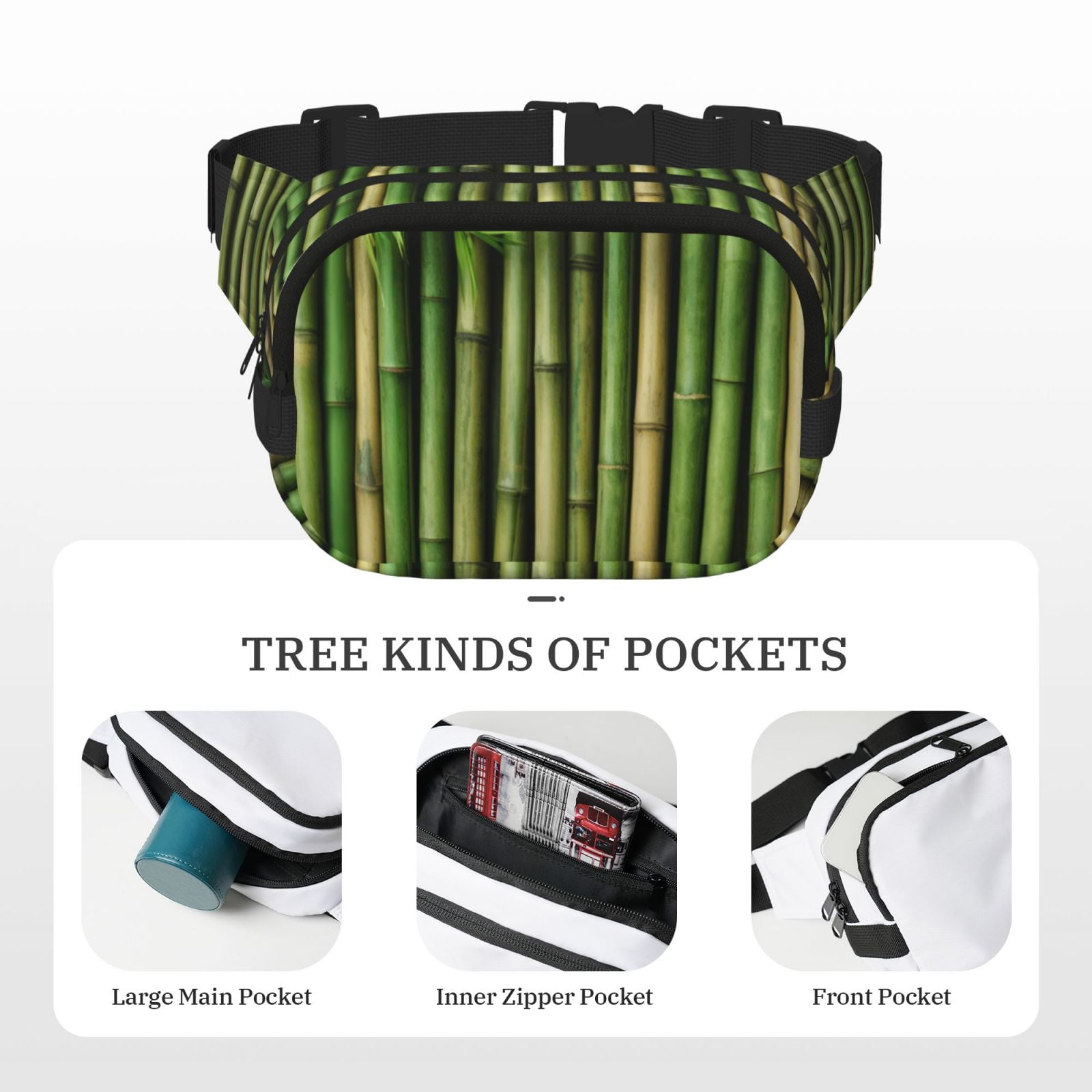 Picia Green Bamboo Fence1 Print Square Double-Layer Waist Bag Mini Adjustable Waist Belt Bag Exercise Running Travel Hiking