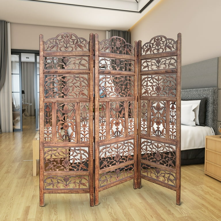 White Hand-Carved Mango Wood Room Divider - 5-Panel Folding Privacy Screen, 200x165cm, Solid Wood Construction