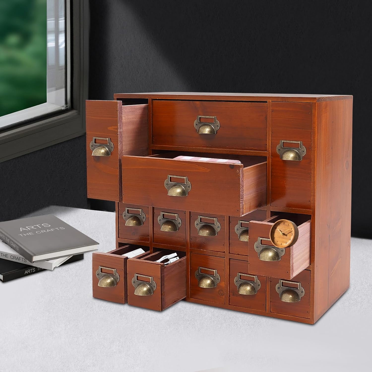 4 Tier Office Desk Organizer with 14 Drawers, Wooden Apothecary Cabinet Desktop Storage Cabinet with Label Boxes, Makeup Organizer Filing Case for Office Bedroom Home, L21*W6.3*H16.7in