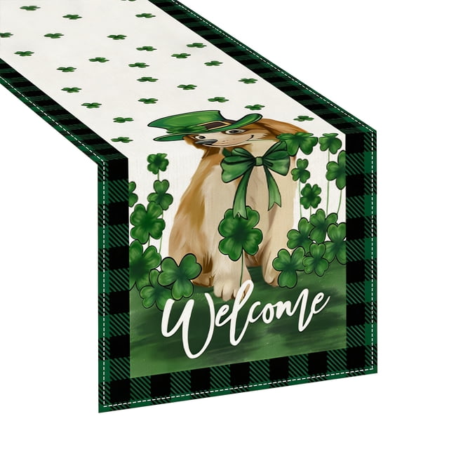 St Patricks Day Table Runner And Tablecloth Set, Green Printed Polyester Fabric with Bohemian Openwork Design, 70.8 x 13 Inches for Dining Table Decor, Kitchen Sideboard,