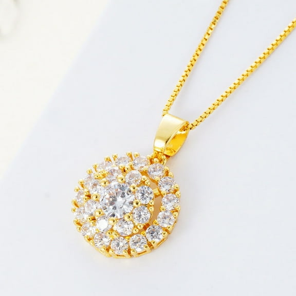 Spinning Ring Necklace Set with Zircon Pendant Brass Jewelry Gold Tone for Women Two Piece Collection Elegant Design