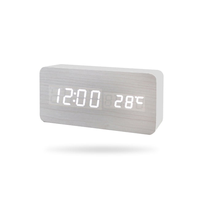 Yuarrent Despertador LED Dormitorio digital Escritorio Control de voz Relojes de tiempo Decoración Dígito blanco Medidor de temperatura Termómetro Decoración del hogar Madera blanca Yuarrent HA047832-03B