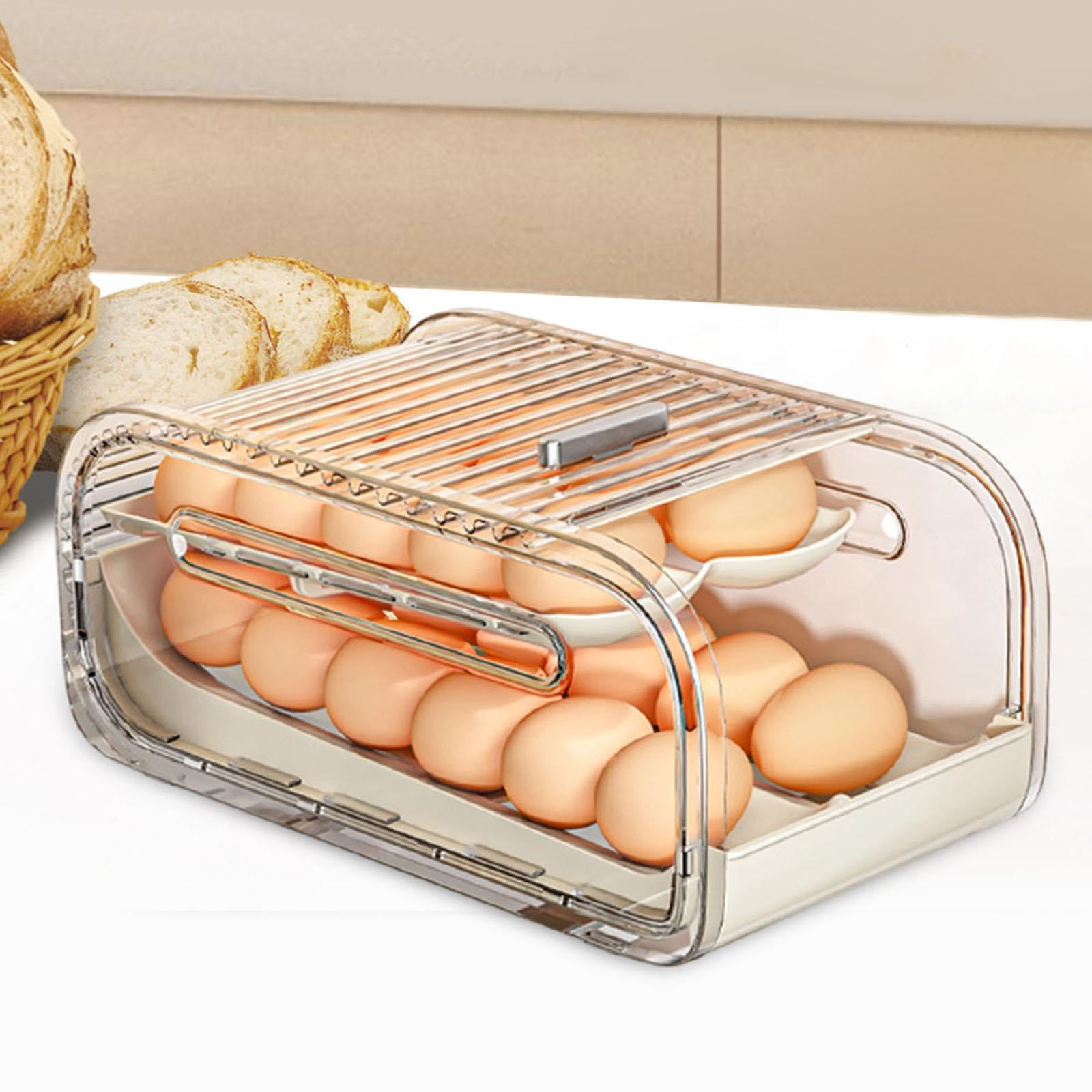 Fiocias Egg Holder for Fridge Clear Automatic Rolling Egg Organizer Tray Storage Bin for
