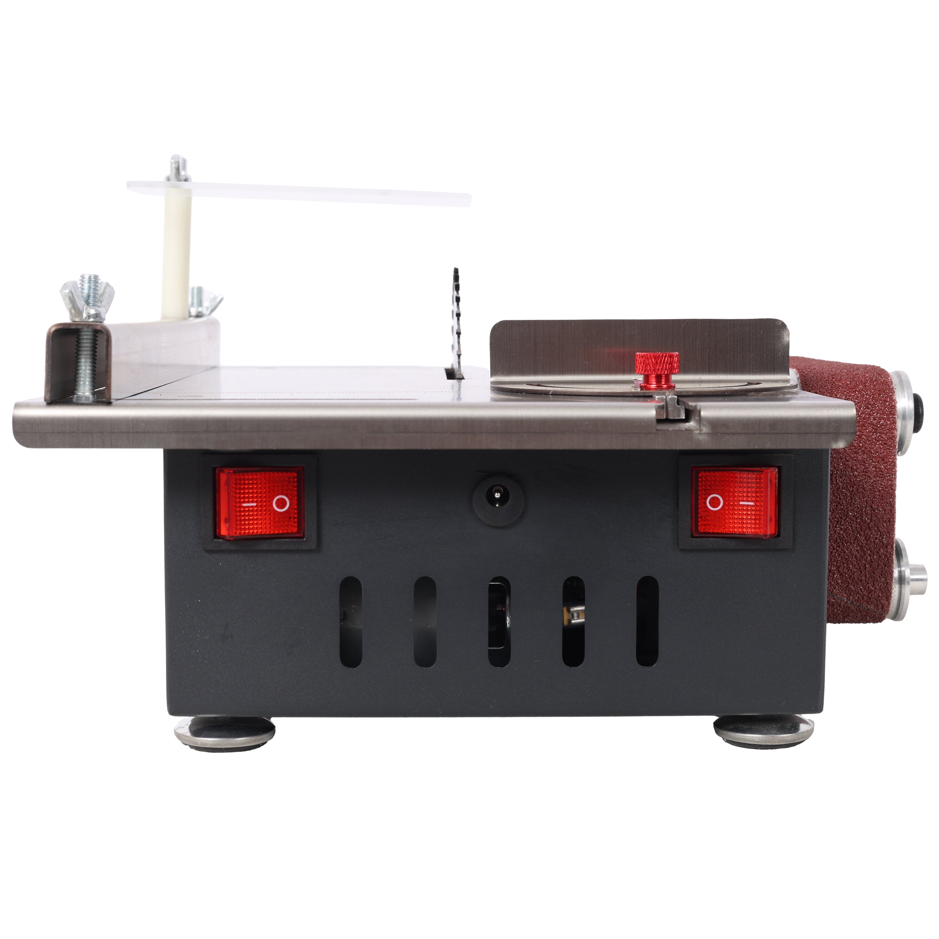 Power Drill, Mini Table Saw,Belt Sander, stainless steel top,4pcs Blades,10pcs Sanding Blet,7 Gear Adjustable 0-90° Angle, Available for Wood/PCB/Acrylic/Plastic,DIY Model Crafts Cutting Tool