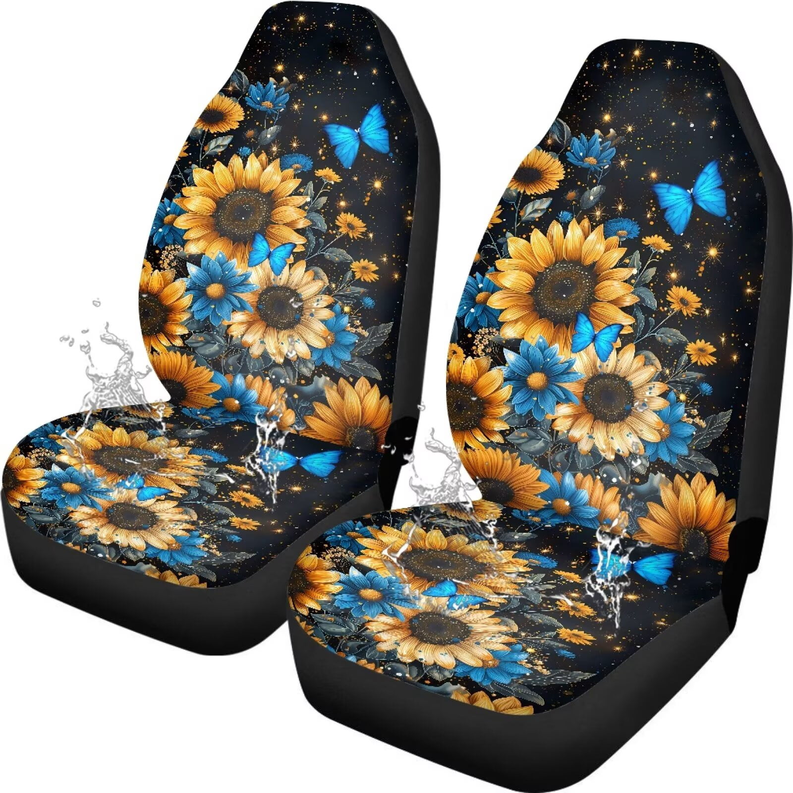 Uorisanigo Car Seat Covers Waterproof Blue Butterfly Sunflower Car Seat Cover for Front Seats Set of 2 Anti-Slip Back Fabric Easy to Install and Clean Universal for Auto Truck Van SUV
