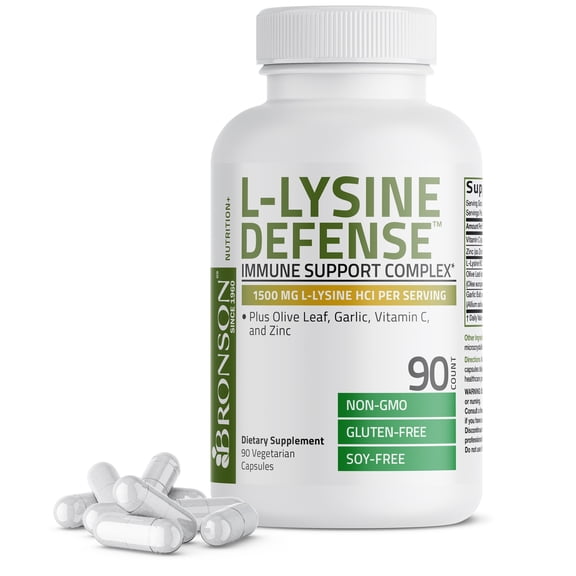 Bronson L-Lysine Defense Immune Support Complex 1500 MG L-Lysine Plus Olive Leaf, Garlic, Vitamin C and Zinc - NON-GMO, 90 Vegetarian Capsules