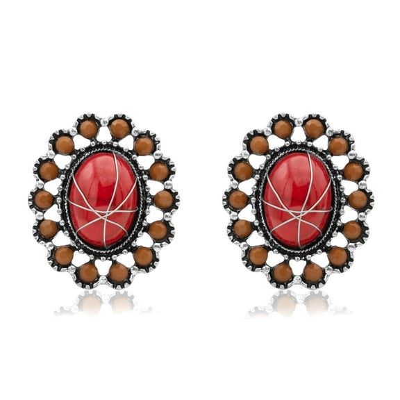 Southwestern Oval Button Stud Earrings with Red Center Stone and Brown Accents Jewelry Necklace Earring Silver